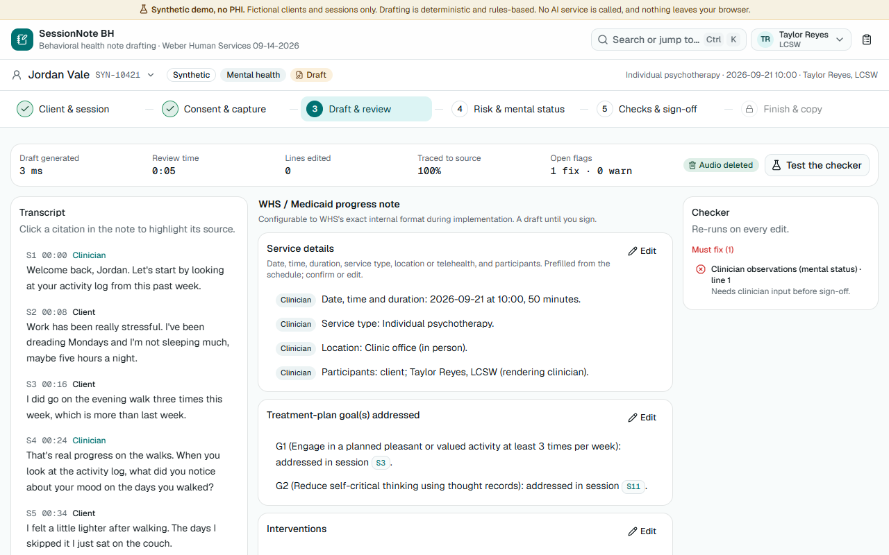 SessionNote BH Draft and review step: the session transcript on the left, the WHS / Medicaid progress note draft in the middle with citation chips linking each statement to a transcript line, and the live checker on the right